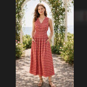 J Crew Hyacinth Dress L Petite Pink Floral Midi Smocked A-Line Crepe Pocket Boho